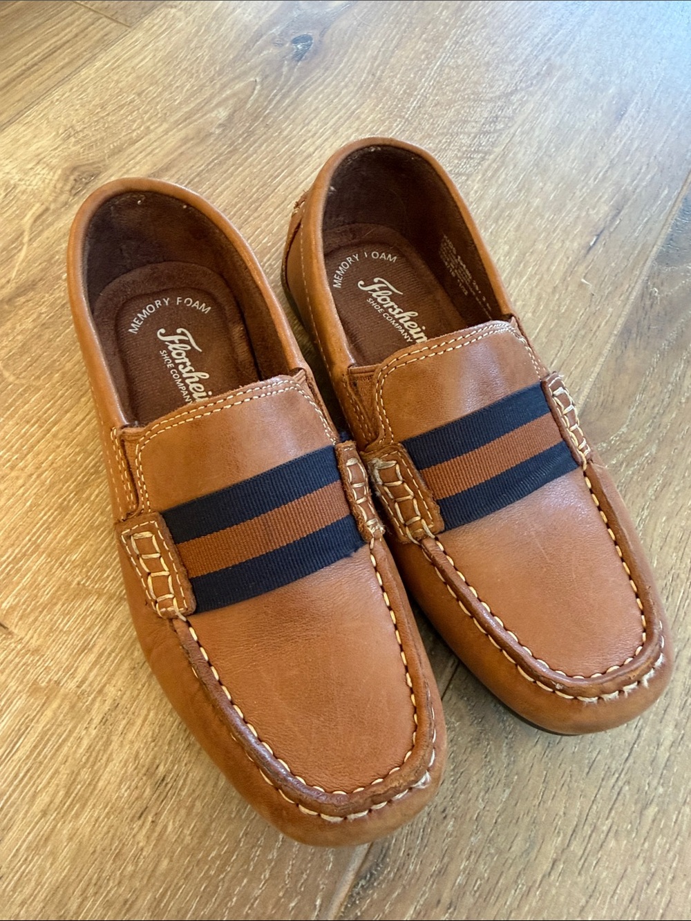 Florsheim Brown Leather Slip-On Loafers with Navy Stripe